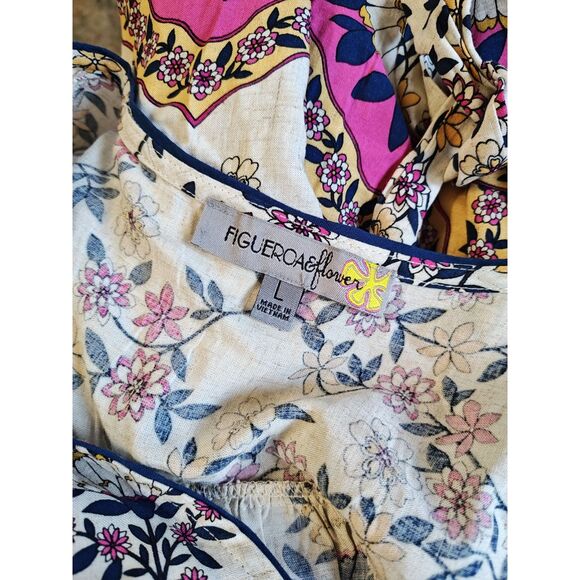 Figueroa & Flower Printed V-Neck Puff Sleeve Midi Dress Size Large Linen Blend - Picture 4 of 5